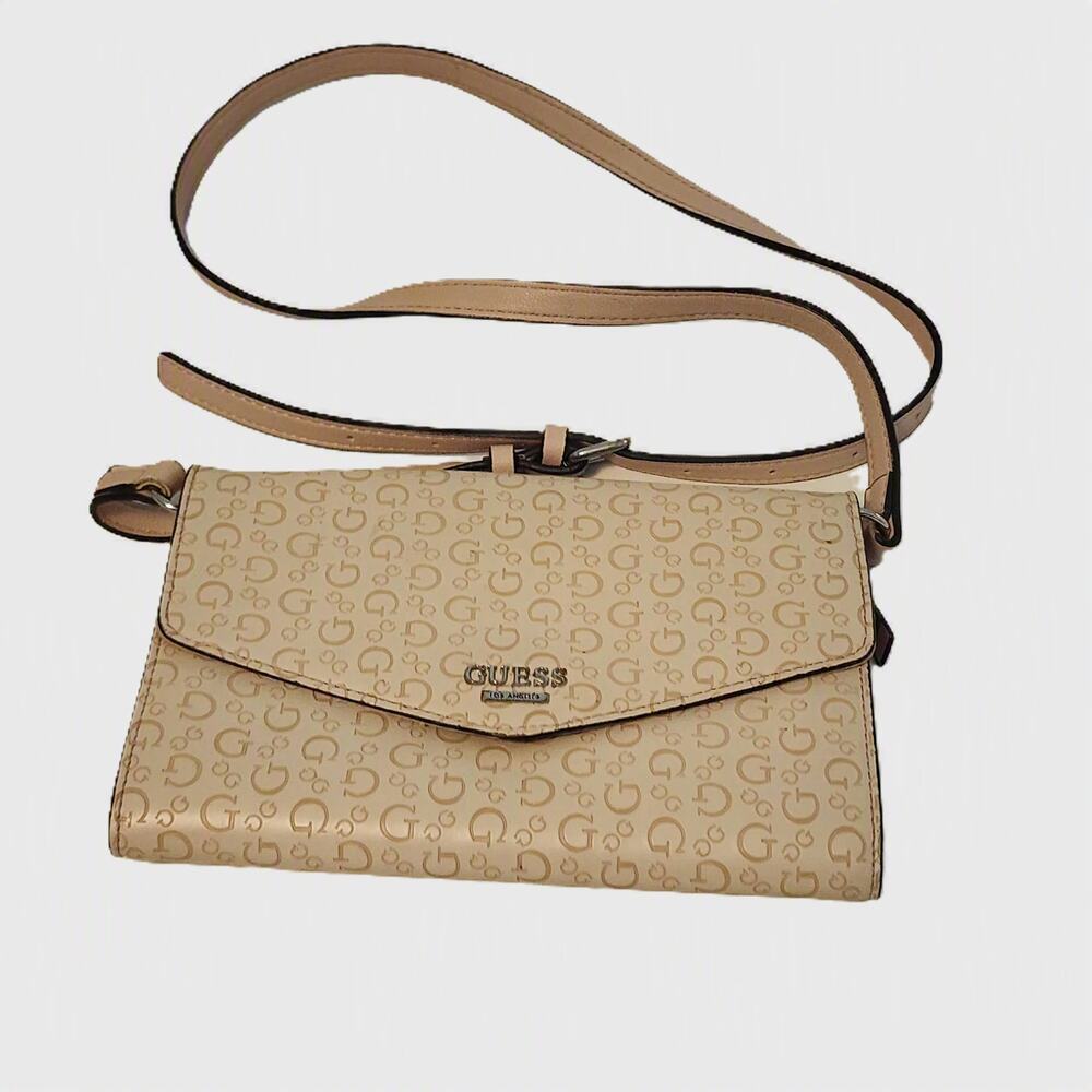 Guess y2k Crossbody Wallet Beige Faux Leather Purse Shoulder Bag Long Adj Strap
